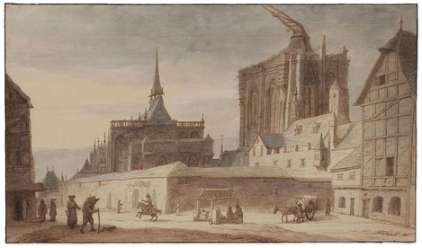Lambert Doomer (Amsterdam 1624–1700 Amsterdam): Cologne Cathedral, seventeenth century, pen and brown ink, blue-grey and brown wash, on vergé paper, 23.8 x 41.2 cm. Acquired in 1958 as a gift of the Freunde des Wallraf-Richartz-Museums e.V., WRM 1958/2