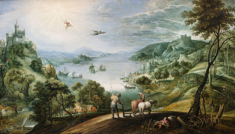 Marten Rijckaert, Antwerpen 1587 – 1631 Antwerpen, Landschaft mit dem Sturz des Ikarus, um 1620-30, Eichenholz, Privatsammlung, WRM Dep. 840