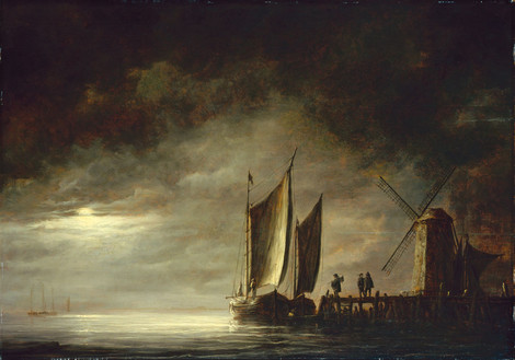 Aelbert Cuyp, Dordrecht 1620 – 1691 Dordrecht, Dordrechter Hafen im Mondschein, um 1645, Eichenholz, WRM 2533