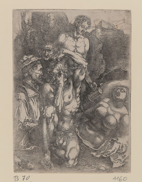 Albrecht Dürer, Studienblatt mit fünf Figuren (Der Verzweifelnde), ca. 1515, Eisenradierung, Inv.nr. 1160, Bartsch 70 – Graphisches Kabinett, Wallraf-Richartz-Museum
