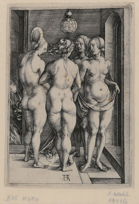 Albrecht Dürer, Vier nackte Frauen (Die vier Hexen), 1497, Kupferstich, Inv.nr. 1941/6, Bartsch 75 – Graphisches Kabinett, Wallraf-Richartz-Museum