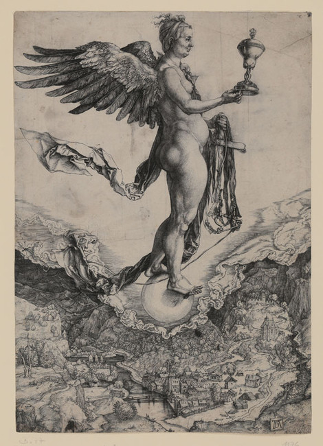 Albrecht Dürer, Nemesis (Das Große Glück), Kupferstich, Inv.nr. 1176, Bartsch 77 – Graphisches Kabinett, Wallraf-Richartz-Museum