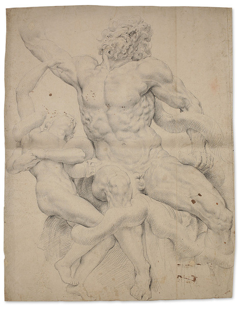 Peter Paul Rubens (Siegen 1577 – 1640 Antwerpen): Studie zur Laokoongruppe, 1600/1608, schwarze Kreide auf Vergé, 48,2 x 37,5 cm. Alter Bestand, WRM Z 5889
