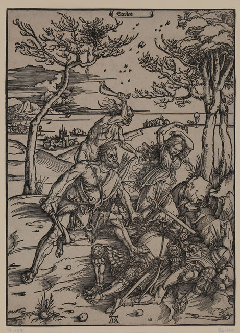 Albrecht Dürer, Ercules (Herkules im Kampf mit den Molioniden), ca. 1496, Holzschnitt, Inv.nr. 26111, Bartsch 127 – Graphisches Kabinett, Wallraf-Richartz-Museum