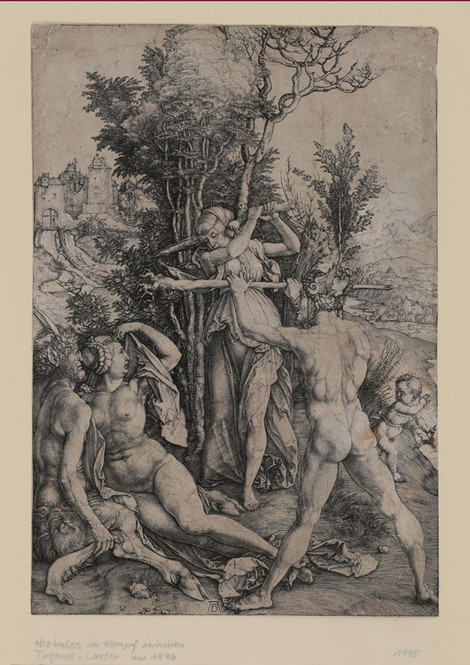 Albrecht Dürer, Herkules am Scheidewege (Die Eifersucht; der große Satyr), Kupferstich, ca. 1498, Inv.nr. 1175 (2. Exemplar Nr. 1149), Bartsch 73 – Graphisches Kabinett, Wallraf-Richartz-Museum