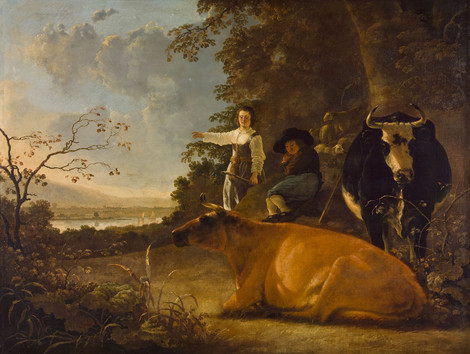 Aelbert Cuyp, Dordrecht 1620 – 1691 Dordrecht, Landschaft mit Hirten und Kühen, 1650er Jahre, Leinwand, Wallraf-Richartz-Museum & Fondation Corboud
