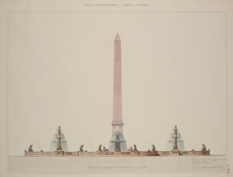 Jakob Ignaz Hittorff, Die Place de la Concorde mit dem Obelisk von Luxor und Fontänen, 1835, Aquarellierte Federzeichnung, Graphische Sammlung, Wallraf-Richartz-Museum & Fondation Corboud, Köln