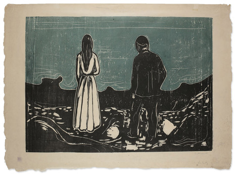 Edvard Munch (Løten 1863 – 1944 Ekely/Skoyen): Die Einsamen. 1899 (1917). Farbholzschnitt vom zerschnittenen Stock in Schwarz und Graublau. 39,4 x 54,6 cm. Inv. Nr. WRM 1962/9