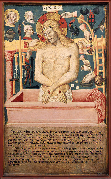 Umbria, final quarter of the 15th century: Christ as the Man of Sorrows, with the 'Arma Christi'. Poplar, 81.5 x 50 cm. Acquired in 1930 as transferal from the Museum Schnütgen. WRM 0744. Photo: Rheinisches Bildarchiv Köln