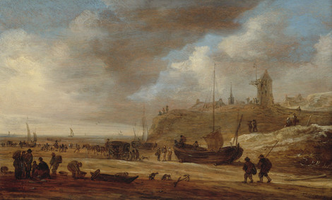 Jan van Goyen, Leiden 1596 – 1656 Den Haag, Strand mit Blick auf Scheveningen von Südwesten, 1653, Eichenholz, Privatsammlung, WRM Dep. 569