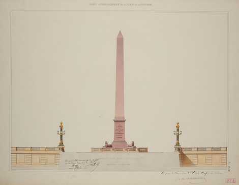 Jakob Ignaz Hittorff, Die Place de la Concorde mit dem Obelisk von Luxor, 1835, Aquarellierte Federzeichnung, Graphische Sammlung, Wallraf-Richartz-Museum & Fondation Corboud, Köln