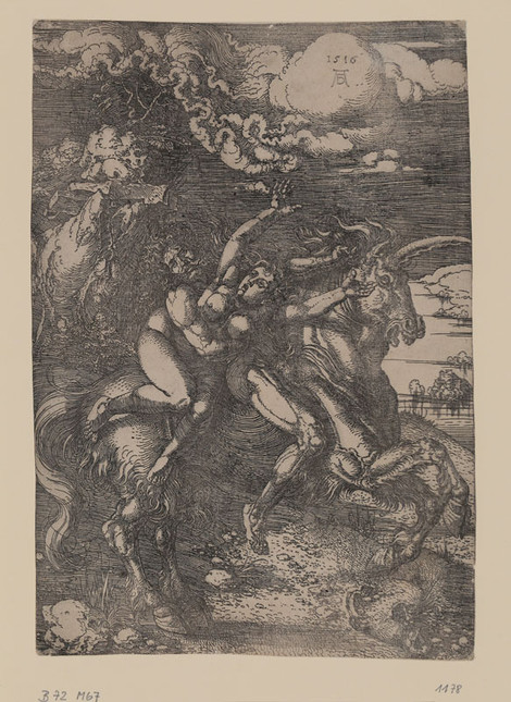 Albrecht Dürer, Die Entführung auf dem Einhorn (Der Raub der Proserpina), 1516, Eisenradierung, Inv.nr. 1178, Bartsch 72 – Graphisches Kabinett, Wallraf-Richartz-Museum