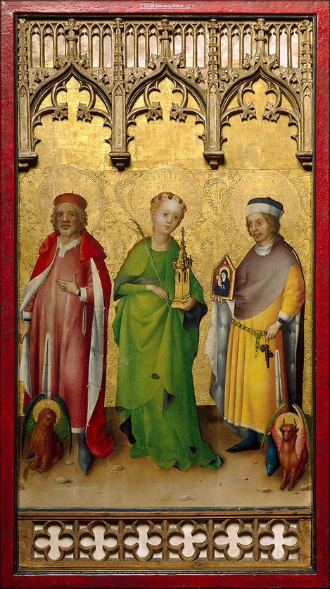 Stefan Lochner (Hagnau c. 1400/1410 – 1451 Cologne): The Saints Mark, Luke and Barbara, c. 1445 – 1450. Oak, 100.5 x 58 cm. Collection of Ferdinand Franz Wallraf. WRM 0068. Photo: Rheinisches Bildarchiv Köln