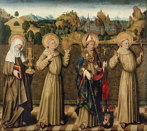 Master of the Glorification of the Virgin (active in Cologne, second half of the 15th century): Saints Clare, Bernard, Bonaventure and Francis, c. 1480 (formerly the rear side of the retable with WRM 0120). Oak, 131 x 145 cm (image size). Collection of Ferdinand Franz Wallraf. WRM 0121. Photo: Rheinisches Bildarchiv Köln