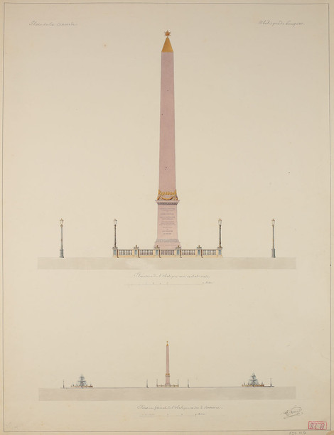 Jakob Ignaz Hittorff, Der Obelisk von Luxor auf der Place de la Concorde, 1835, Aquarellierte Federzeichnung, Graphische Sammlung, Wallraf-Richartz-Museum & Fondation Corboud, Köln
