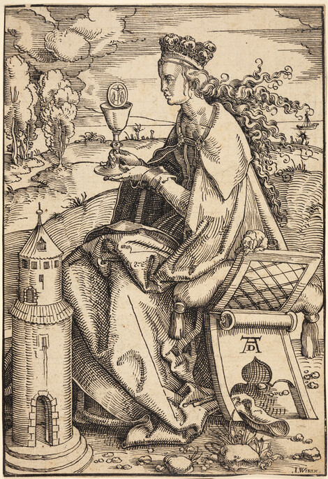 Johannes Wierix after Hans Baldung Grien, St Barbara, c. 1572/75, Pen and black ink over squares in graphite (partially erased) on laid paper. Wallraf-Richartz-Museum & Fondation Corboud, Köln, Graphische Sammlung, © Photo: Thomas Klinke, Wallraf-Richartz-Museum