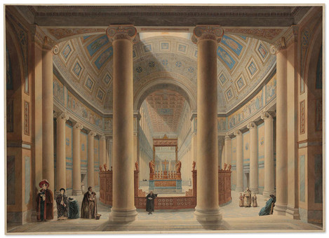 Jakob Ignaz Hittorff Cologne 1792–1867 Paris: Interior View of the Church of St Vincent de Paul in Paris, 1833, Pen and ink over pencil, watercolour on vergé paper, 60.3 x 83.8 cm,  Acquired in 1896 from the estate of Jakob Ignaz Hittdorff WRM Z 2400
