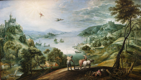 Marten Rijckaert (Antwerpen 1587 – 1631 Antwerpen), Landschaft mit dem Sturz des Ikarus, um 1620-30, Eichenholz, Privatsammlung