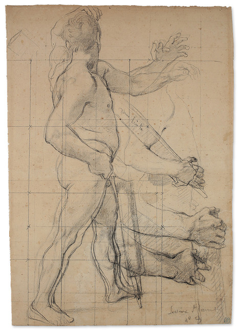 Jean-August-Dominique Ingres (Montauban 1780–1867 Paris): Studies for the Figure of a Lictor,  black chalk, squaring in pencil, on vergé paper, 56.5 x 39.4 cm. Acquired in 1944, WRM 1944/13