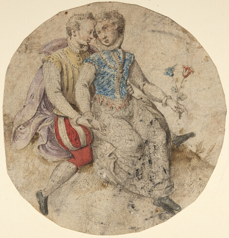 Netherlandish, Loving Couple, Sitting on a Grass Mound, c. 1600/30, Pen and grey-brown ink, traces of black chalk, point of brush and opaque red, brush and yellow and blue-grey watercolour and opaque red, blue and violet, with green-brown wash, on laid paper. Wallraf-Richartz-Museum & Fondation Corboud, Köln, Graphische Sammlung, © Photo: Thomas Klinke, Wallraf-Richartz-Museum