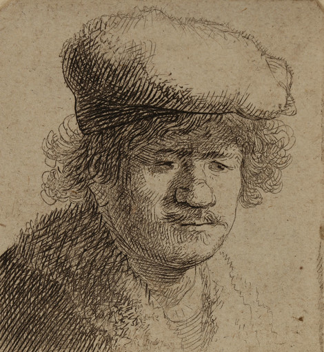 Rembrandt Harmensz. van Rijn Selbstbildnis mit nach vorn gezogenem Barett, um 1630 Radierung, Kaltnadel, Graphische Sammlung, Wallraf-Richartz-Museum