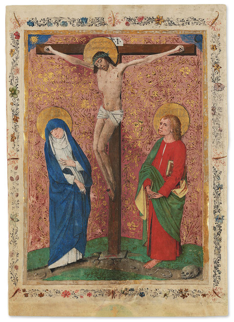 Meister der Lyversbergschen Passion (tätig in Köln um 1460 – um 1490): Christus am Kreuz mit Maria und Johannes, um 1460, Deckfarben und Gold, auf Pergament, 28,9 x 20,1 cm. Erworben 1933 als Geschenk der Kunsthandlung Malmedé, WRM M 79a