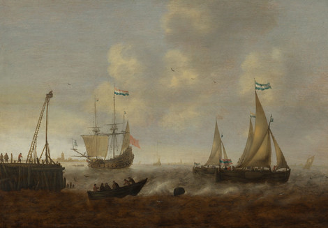 Jacob Adriaensz. Bellevois, Schiffe an einem Anlegesteg, 1650-60, Öl auf Eichenholz, Privatsammlung, Köln
