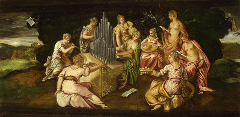 Jacopo Tintoretto, Der Musikwettstreit zwischen Musen und Pieriden, um 1555, Öl auf Holz, 46 x 91 cm, Museo di Castelvecchio, Verona, Foto: © Umberto Tomba