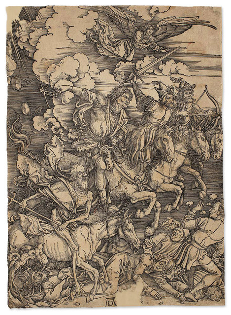 Albrecht Dürer (Nuremberg 1471–1528 Nuremberg): The Four Horsemen of the Apocalypse, c. 1500, woodcut on vergé paper, 39.2 x 28.2 cm. Old holdings, WRM 25371