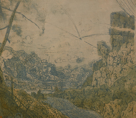 Hercules Segers, Die Landschaft mit dem Wasserfall und Schifftakelage, vor 1638, Radierung und Kaltnadel,  überarbeitet mit gelber Aquarellfarbe, Staatliche Museen zu Berlin, Kupferstichkabinett