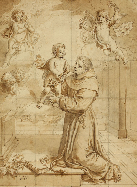 Pieter van Lint (Antwerpen 1609 – 1690 Antwerpen), Das Jesuskind erscheint dem Hl. Antonius von Padua, Feder in Braun, braun laviert, über Spuren einer Vorzeichnung in Graphit, Graphische Sammlung, Wallraf-Richartz-Museum