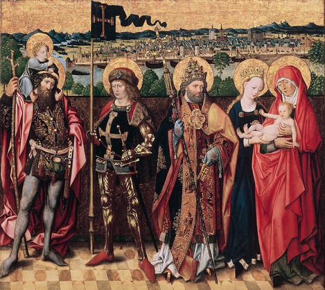 Master of the Glorification of the Virgin (active in Cologne, second half of the 15th century): St Anna, the Virgin and the Christ Child with Saints Christopher, Gereon and Peter, c. 1480 (formerly the front side of the retable with WRM 0121). Oak, 131 x 145 cm (image size). Collection of Ferdinand Franz Wallraf. WRM 0120. Photo: Rheinisches Bildarchiv Köln