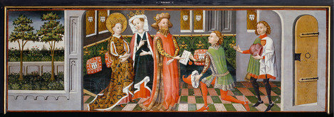 Cologne, c. 1455 – 1460: Legend of St Ursula; The envoys bring the heathen king's request to St Ursula's parents. Softwood, 54 x 89 - 248 cm. Collection of Ferdinand Franz Wallraf. WRM 0712. Photo: Rheinisches Bildarchiv Köln