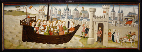 Cologne, c. 1455 – 1460: Legend of St Ursula; Arrival in Cologne and St Ursula's dream. Softwood, 54 x 89 - 248 cm. Collection of Ferdinand Franz Wallraf. WRM 0715. Photo: Rheinisches Bildarchiv Köln