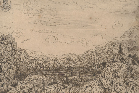Hercules Segers, Landschaft mit dem Wasserfall, vor 1638, Radierung, Staatliche Kunstsammlungen Dresden, Kupferstich-Kabinett