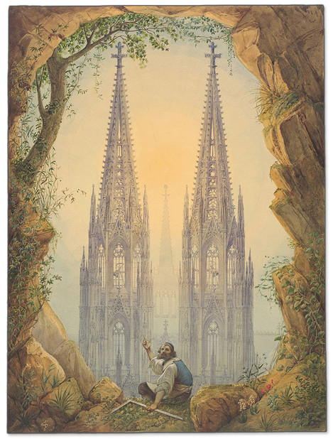 Vincenz Statz (Cologne 1819–1898 Cologne): Vision of the Completed Spires of Cologne Cathedral (It will be finished!),  watercolour over pencil, on vergé paper, 65.5 x 48.8 cm. Old holdings, WRM Z 1704