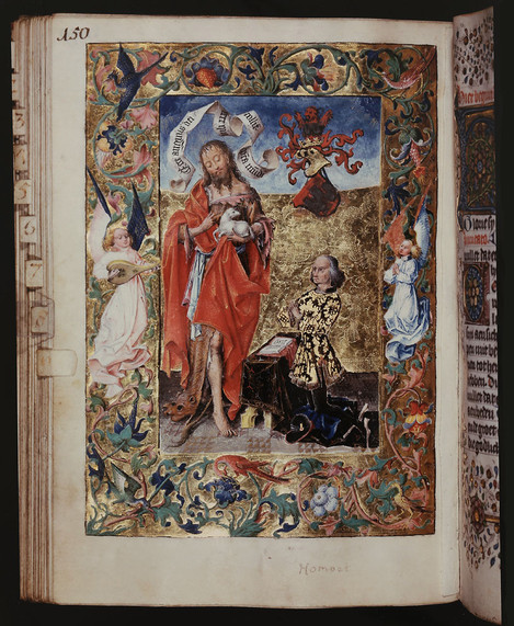 Master of the St Bartholomew Altarpiece and‘Master of Margriet Uutenham: John the Baptist with Reynalt von Homoet, from the Book of Hours of Sophia van Bylant, 1475 (?), opaque paints with gold on parchment, 23.3 x 16.6 cm. Acquired in 1960 with the help of donations by the Federal Government, the state of North Rhine Westphalia, the Landschaftsverband and 132 businesses, banks and insurance companies, WRM 1961/32