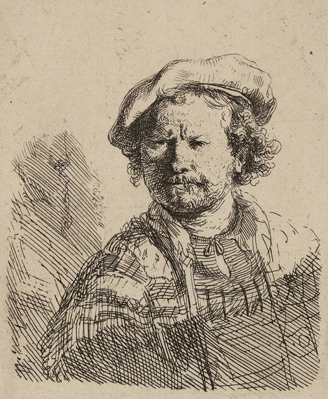 Rembrandt Harmensz. van Rijn Selbstporträt mit flacher Kappe und bestickter Kleidung, um 1642 Radierung, Graphische Sammlung, Wallraf-Richartz-Museum