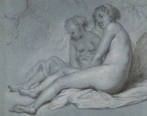 Govert Flinck, Study of Two Sitting Female Nudes, c. 1648/52, Black chalk, heightened with white ink, on blue laid paper. Wallraf-Richartz-Museum & Fondation Corboud, Köln, Graphische Sammlung, Permanent loan from a private collection, © Photo: Thomas Klinke, Wallraf-Richartz-Museum