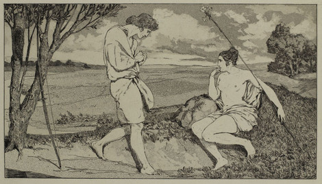 Max Klinger: Apollo und Daphne I, aus dem Zyklus Opus II – Rettungen Ovidischer Opfer, 2. Ausgabe 1880, Radierung und Aquatinta auf Chine collé, Graphische Sammlung, Wallraf-Richartz-Museum & Fondation Corboud, Dauerleihgabe der Bundesrepublik Deutschland seit 2012