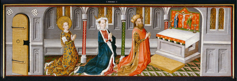 Cologne, c. 1455 – 1460: Legend of St Ursula; St Ursula with her parents in the chapel. Softwood, 54 x 89 - 248 cm. Collection of Ferdinand Franz Wallraf. WRM 0709. Photo: Rheinisches Bildarchiv Köln