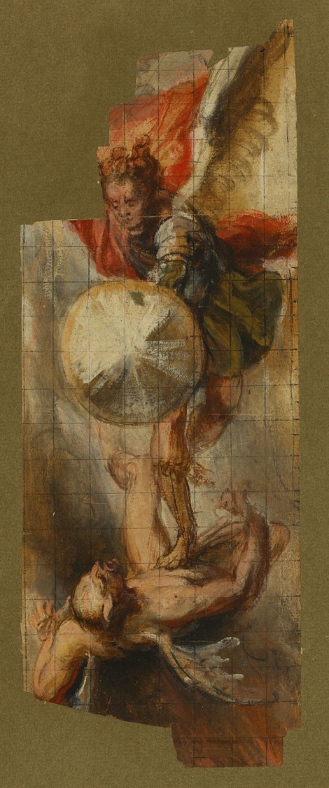 Jan Erasmus Quellinius (Antwerpen 1634 – 1715 Mechelen), zugeschrieben, Der Erzengel Michael im Kampf mit Luzifer, nach 1621, Pinsel in Braun, verschiedene Aquarellfarben, quadriert, Graphische Sammlung, Wallraf-Richartz-Museum