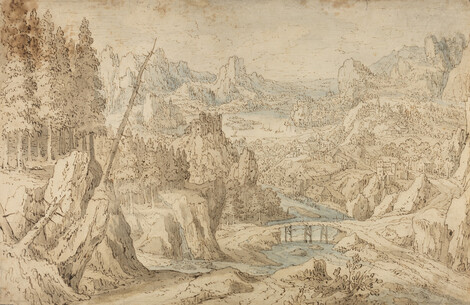 Tobias Verhaecht, Mountainous Landscape with River Valley, c. 1616, Pen and brown ink, with grey, blue and brown washes, traces of black chalk, on laid paper. Wallraf-Richartz-Museum & Fondation Corboud, Köln, Graphische Sammlung, Permanent loan from a private collection, © Photo: Thomas Klinke, Wallraf-Richartz-Museum