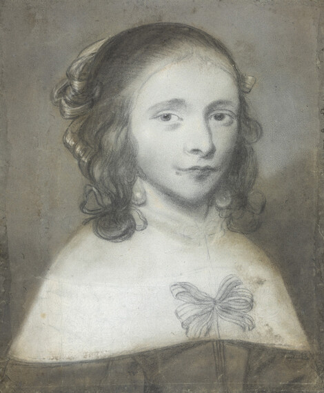 Michiel D. van Limborch, Portrait of a Girl, c. 1650/60, Black chalk, some black ink, over graphite, partially over diluted white, partially heightened with opaque white, opaque highlights in light apricot, touched up with ochre ink, on blue laid paper. Wallraf-Richartz-Museum & Fondation Corboud, Köln, Graphische Sammlung, © Photo: Thomas Klinke, Wallraf-Richartz-Museum