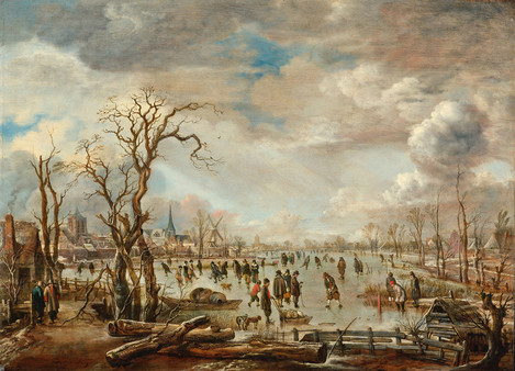 Aert van der Neer (Gorinchem 1603/4 – 1677 Amsterdam), Winterlandschaft mit Eisvergnügen, um 1655, Eichenholz, Heinrich und Anny Nolte-Stiftung, Essen