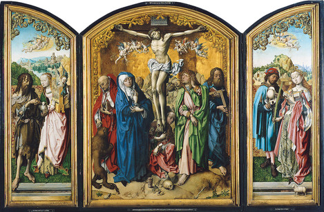 Meister des Bartholomäus-Altares (tätig in den Niederlanden um 1475 – 1510): Kreuz-Altar, um 1490 – 1495, Eichenholz, Eichenholz, Mitteltafel 107 x 80 cm, Flügel je 107 x 34 cm, erworben 1862. Inv. Nr. WRM 0180. Foto: Rheinisches Bildarchiv Köln