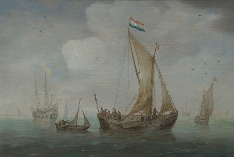 Jan Porcellis, Schiffe in ruhigem Wasser vor der Küste, Öl auf Eichenholz, Privatsammlung, Köln