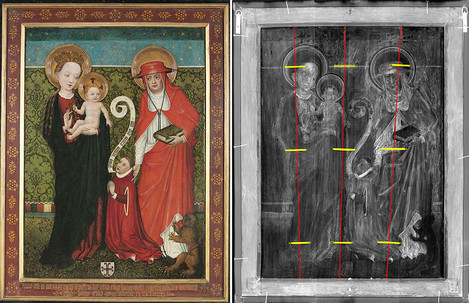 Detail und Röntgenaufnahme: Kölnisch, Maria mit Kind und dem Heiligen Hieronymus, 1440/50, Tannenholz, Wallraf-Richartz-Museum & Fondation Corboud, WRM 0071. Die im Röntgenbild kartierten Brettfugen und Dübel veranschaulichen die Konstruktion des Tafelbildes aus Tannenholz.