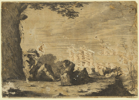 Unbekannter Künstler, Hirt und Hirtin spielen Flöte, 17. Jahrhundert, Radierung auf Vergépapier, Graphische Sammlung, Wallraf-Richartz-Museum