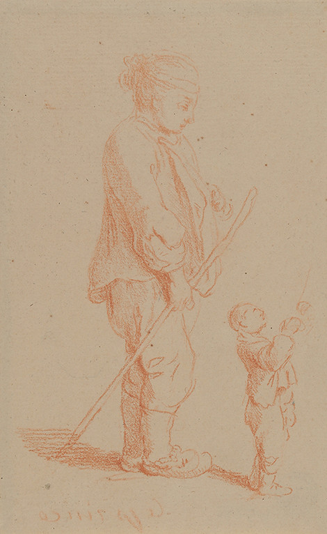 Study of a Peasant with Child at Play, counterproof of a drawing by Le Prince, red chalk, Wallraf-Richartz-Museum & Fondation Corboud